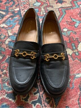 Women’s Black Platform Loafers with Gold Hardware